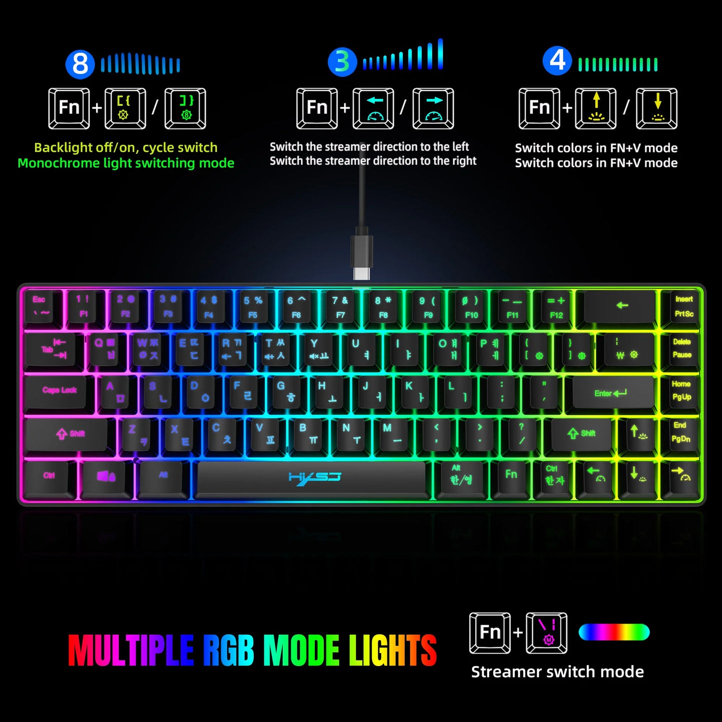 Portable HXSJ V200 68-key Korean gaming Keyboard, 65% RGB Backlit Wired office membrane Keyboard for Desktop PC and Laptops