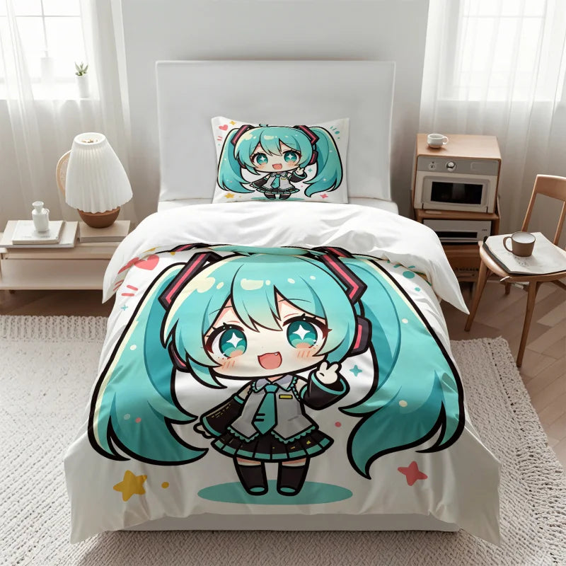 Komplet posteljnine Hatsune Miku v slogu chibi – simpatična anime posteljnina z vzglavniki za igralno sobo, dekoracija za otroško in najstniško spalnico, darilo za oboževalce