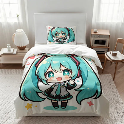 Komplet posteljnine Hatsune Miku v slogu chibi – simpatična anime posteljnina z vzglavniki za igralno sobo, dekoracija za otroško in najstniško spalnico, darilo za oboževalce