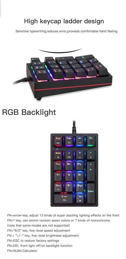 Motospeed K24 Macro Mechanical Numeric Keypad Wired 21 Keys RGB Backlight Numpad Gaming Keyboard Red Blue Switch For PC Notebook