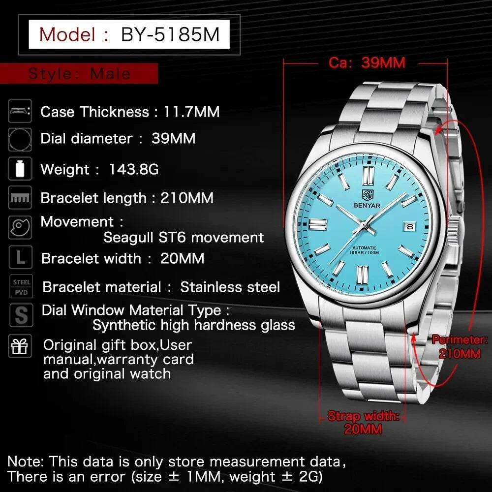 BENYAR 39mm Automatic Mechanical Watch Seagull Movt Men Stainless Steel 100M Waterproof Clock BWG-9 Luminous Reloj Hombre