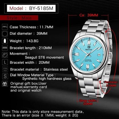 BENYAR 39mm Automatic Mechanical Watch Seagull Movt Men Stainless Steel 100M Waterproof Clock BWG-9 Luminous Reloj Hombre
