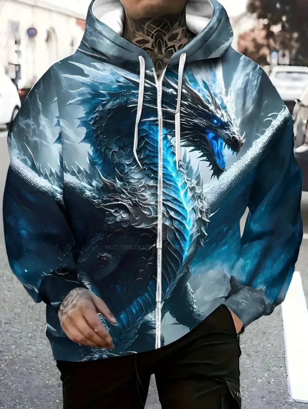 Herren-Kapuzenhoodie mit Drachenprint und Reißverschluss, für Outdoor-Aktivitäten und Reisen, mit Kordelzug, langärmelig, Herbst/Winter, Oversize-Sweatshirt für Männer