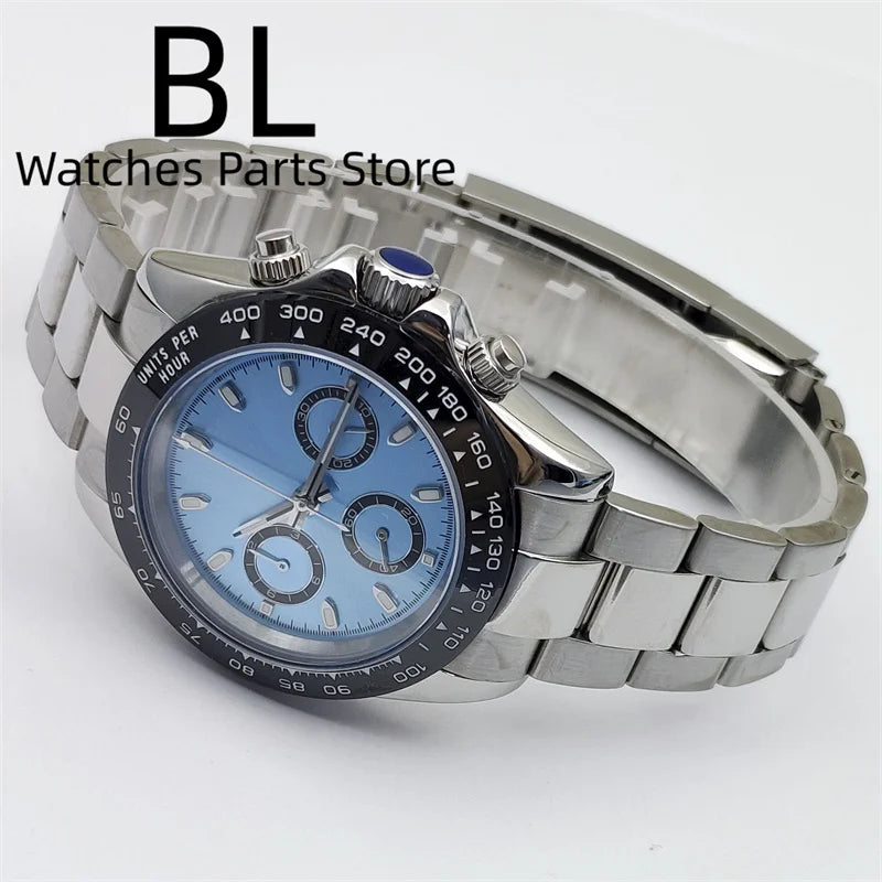 BLIGER 39mm VK63 Men's Quartz Chronograph Watch Ceramic Brown Insert Ice Blue Dial With C3 Luminous Sapphire Crystal Waterproof