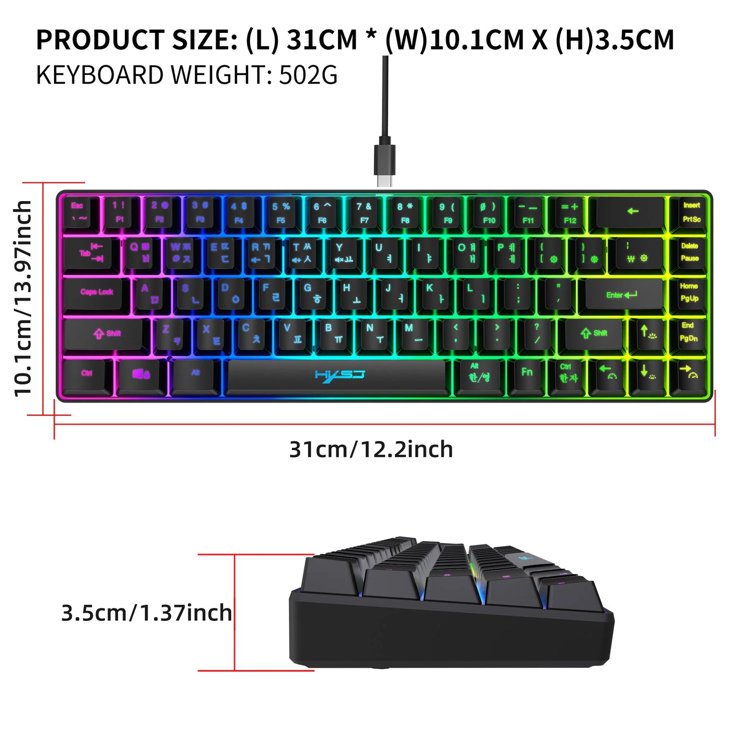 Portable HXSJ V200 68-key Korean gaming Keyboard, 65% RGB Backlit Wired office membrane Keyboard for Desktop PC and Laptops