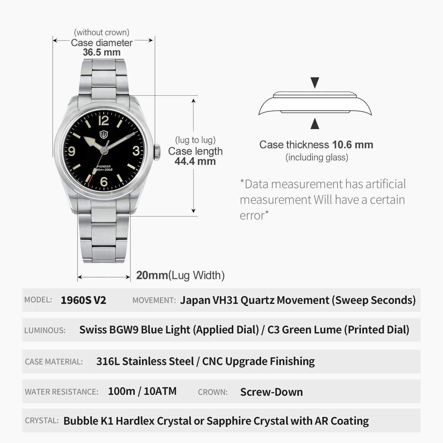 Watchdives WD1960S V2 36.5mm Men’s Quartz Watch VH31 Sweep-Seconds Movement  Sapphire Crystal BGW9/C3 Luminous  Watch for Men