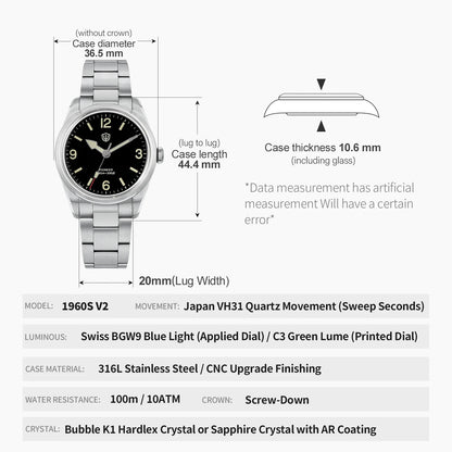 Watchdives WD1960S V2 36.5mm Men’s Quartz Watch VH31 Sweep-Seconds Movement  Sapphire Crystal BGW9/C3 Luminous  Watch for Men
