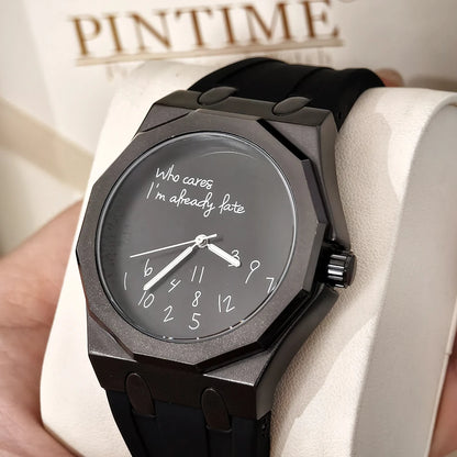 Montre pour homme de luxe avec boîtier octogonal et bracelet en silicone, étanche, dotée d'un cadran arborant le slogan humoristique « Who Cares I'm Already Late » (Et puis quoi, je suis déjà en retard).