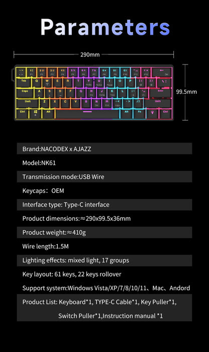 AJAZZ NK61 kabelgebundene mechanische Gaming-Tastatur 60% RGB Hot-Swappable 61 Tasten Red Switch Mini-Tastatur für Gamer-PC