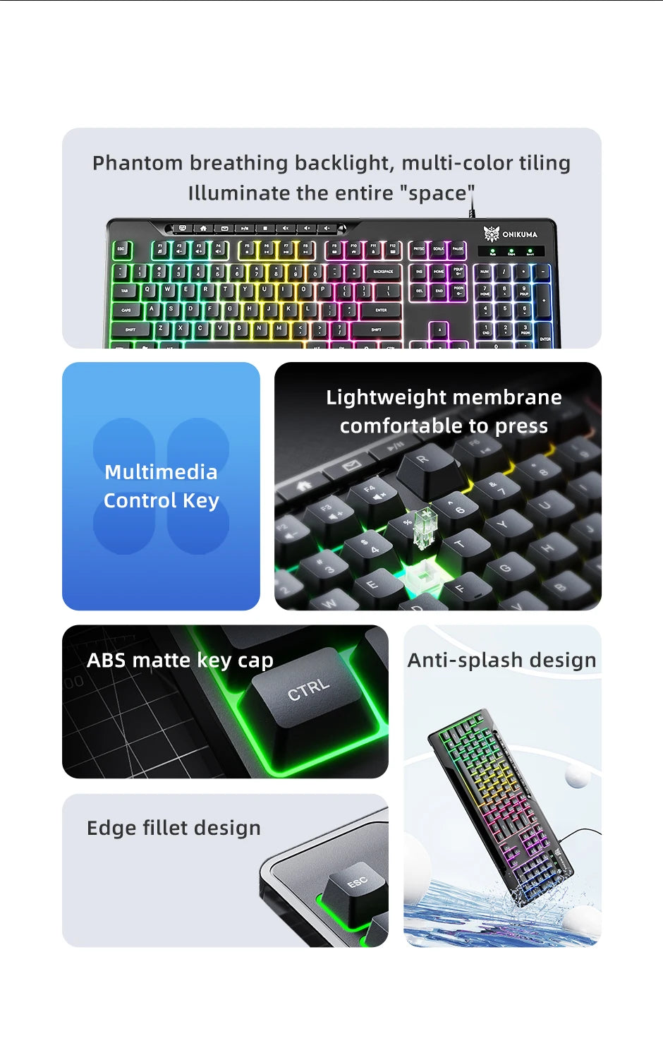 ONIKUMA G32 Wired Gaming Keyboard with RGB Backlit Matte Key Caps 104 Keys Membrane Gaming Keyboards for PC Gamer