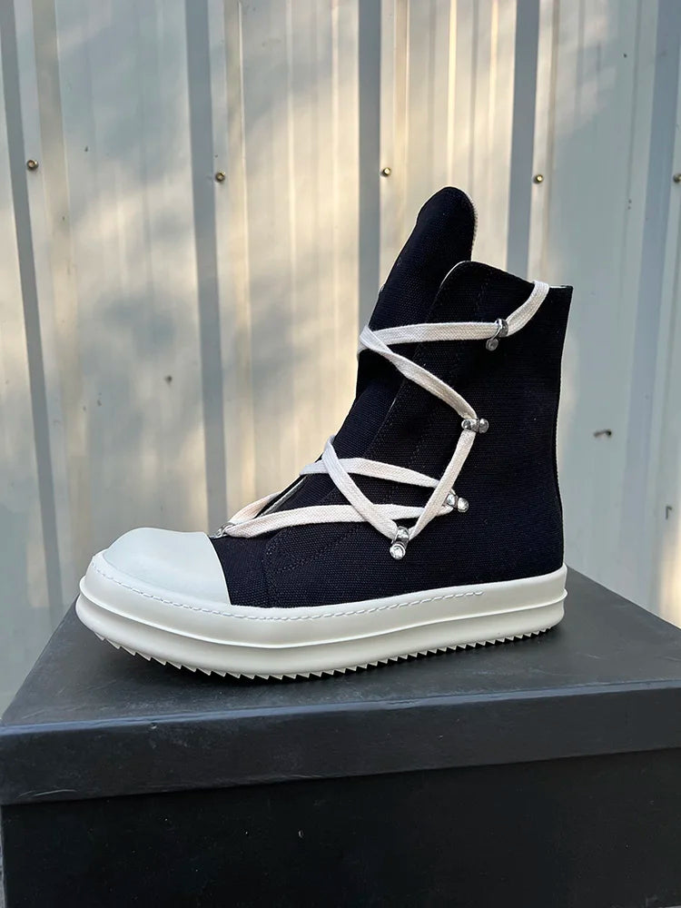 Casual High Top Quality Black Designer Men Leather Shoe Ro Pentagram Thick-sole Zip Flat Canvas Luxury Women Ankle boot Sneakers