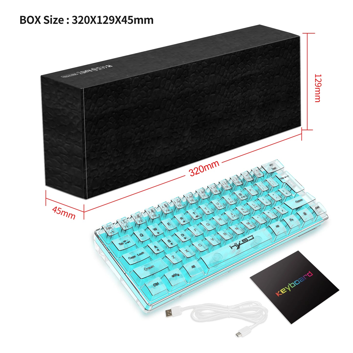 Teclado gaming transparente con cable HXSJ 60%, retroiluminación RGB, ultracompacto, resistente al agua, teclado compacto pequeño de 61 teclas para PC/Mac