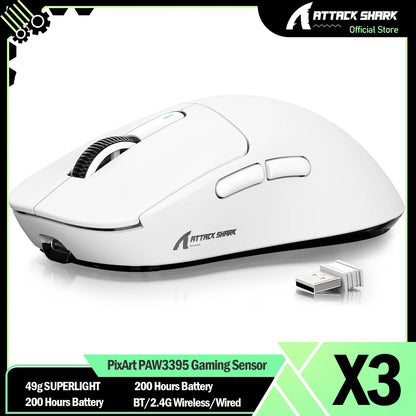 ATTACK SHARK X3 kabellose Gaming-Maus PixArt PAW3395 49g SUPERLIGHT, BT/2.4G kabellos/kabelgebunden, 6 einstellbare DPI-Stufen bis zu 26000