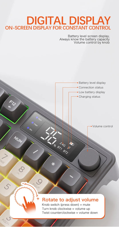 M96 Bluetooth Wireless Keyboard FREEWOLF Digital Display,RGB Backlight,2000mAh Battery & PBT Keycaps for PC/Laptop