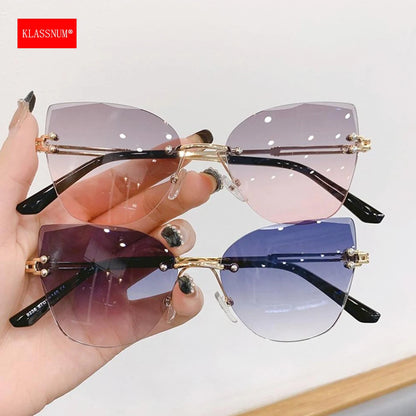 KLASSNUM Vintage Rimless Sunglasses Women Men Cat Eye Gradient Lens Sun Glasses UV400 Shades Protection Goggles for Party Xmas