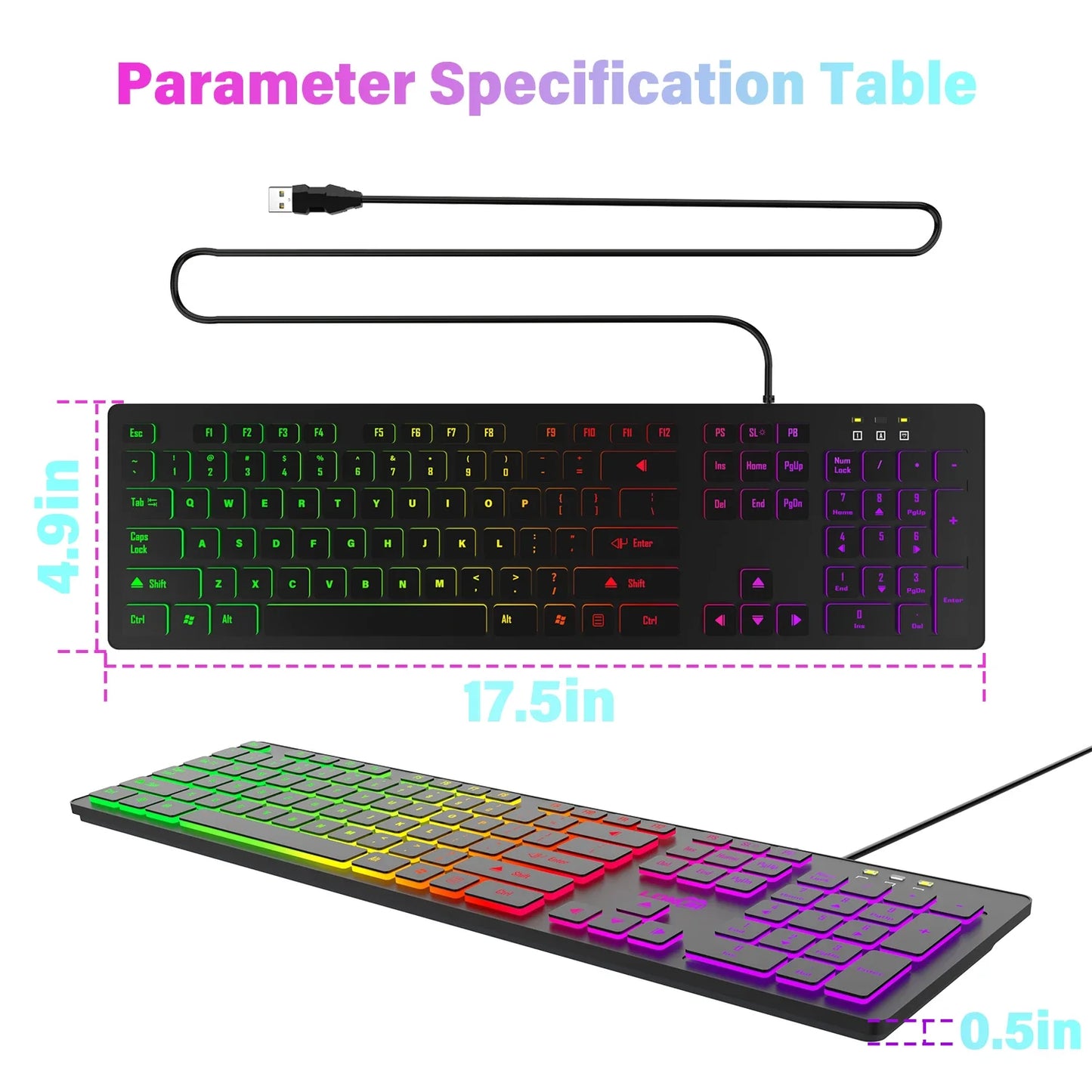 Computer-Gaming-Tastatur mit RGB-Hintergrundbeleuchtung, leise kabelgebundene USB-Tastatur für Büro und Zuhause – Russisch, Französisch, Spanisch, Deutsch, Arabisch, Englisch