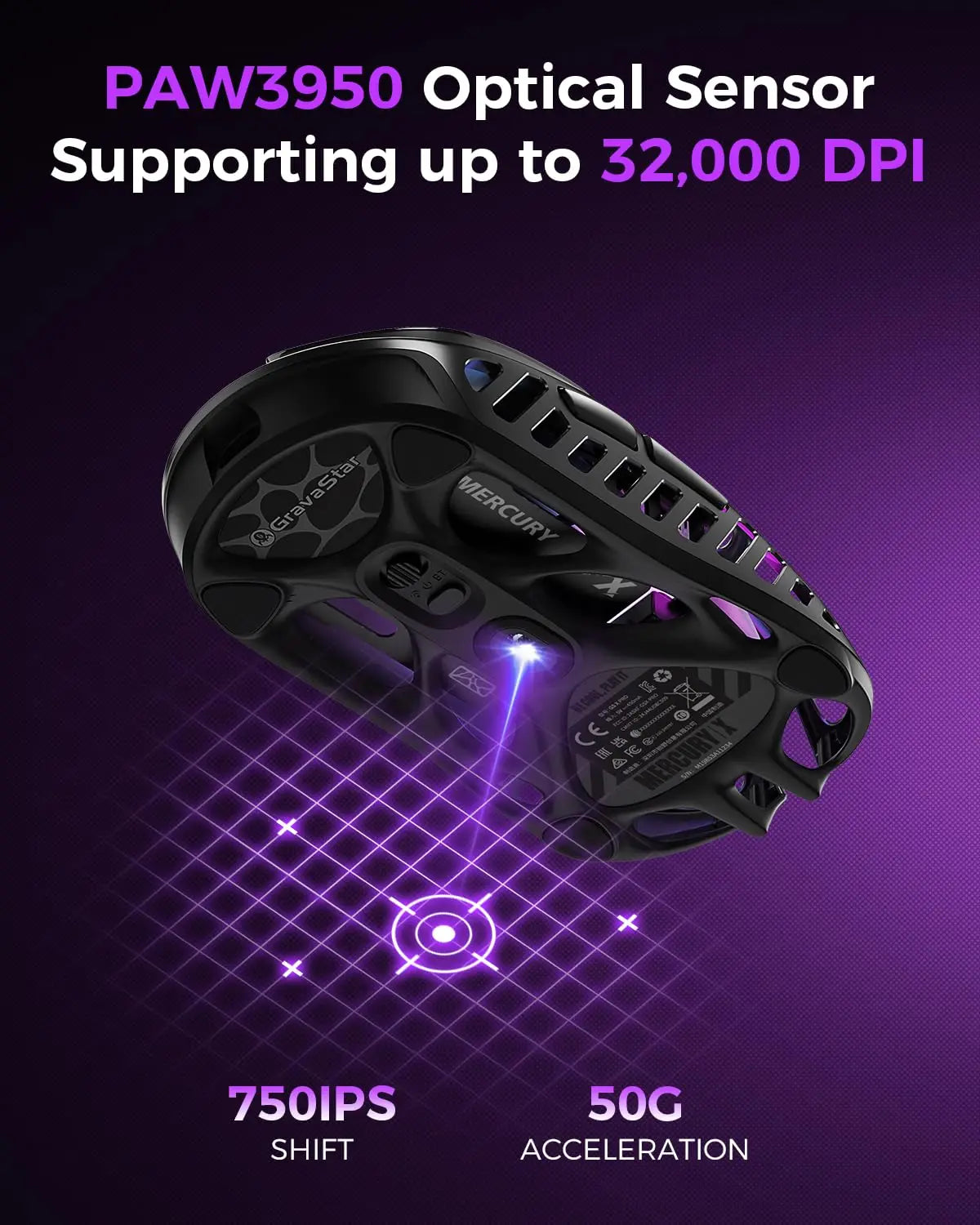 GravaStar Mercury X bežični gaming miš – senzor PAW 3950 od 32,000 DPI, brzina osvježavanja 1000Hz, samo 49g, šuplji okvir od magnezijske legure