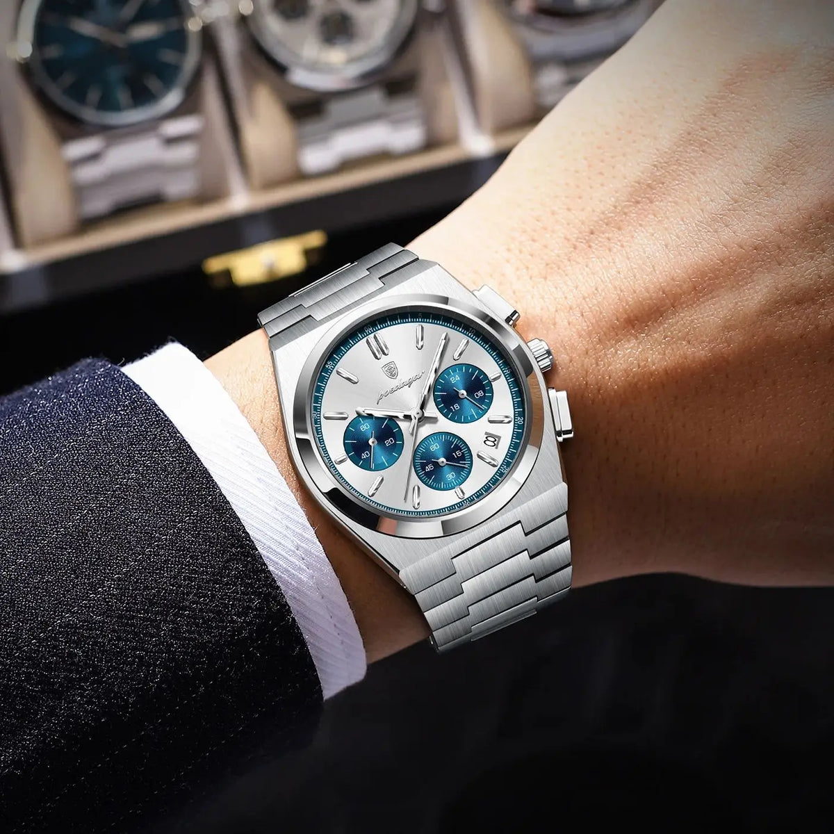 POEDAGAR herenhorloge – Luxe chronograaf van roestvrij staal, met datum, waterdicht en lichtgevend – Sportief quartz-polshorloge