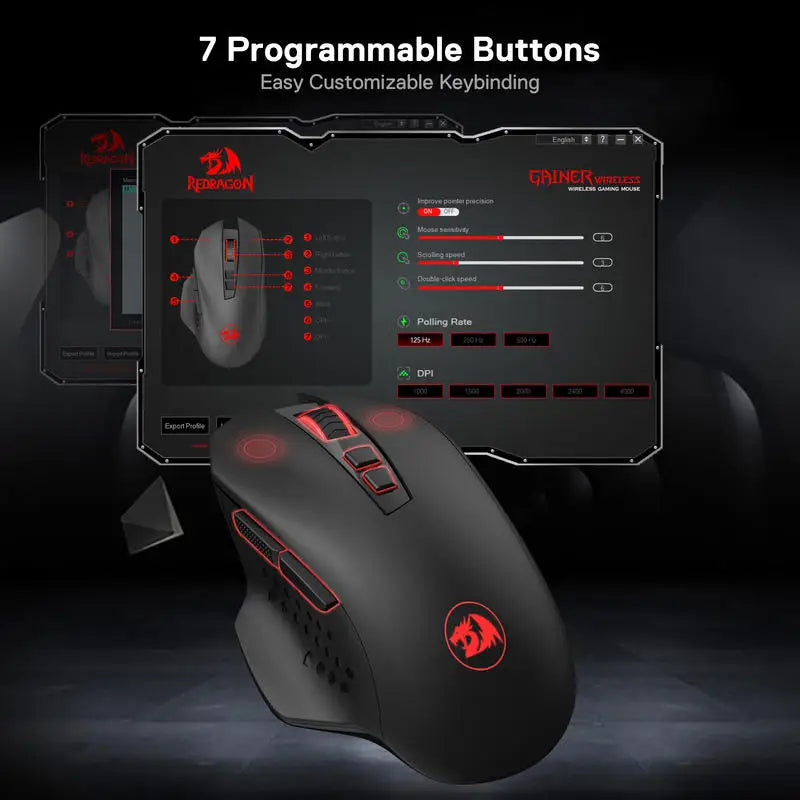 Redragon M656 Gainer Ασύρματο Gaming Ποντίκι, 4000 DPI 2.4Ghz Ασύρματο Ποντίκι Gamer με 5 Επίπεδα DPI, 7 Κουμπιά Macro, Κόκκινος Φωτισμός LED