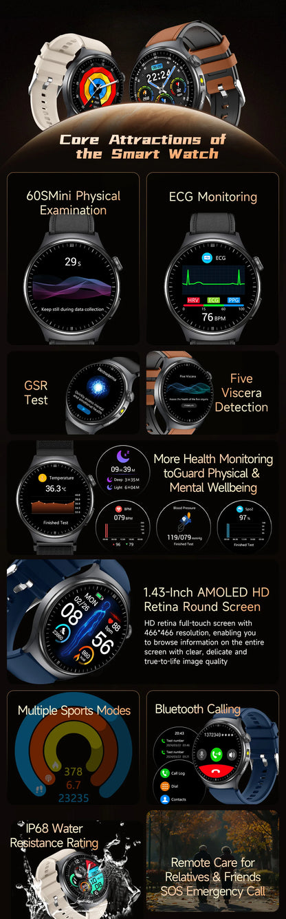 2026New AI-Diagnosis Care Smartwatch ECG+PPG Accurate Uric Acid Blood Pressure Body Fat Five organ Fitness Waterproof Smartwatch