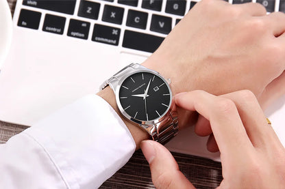 Hannah Martin herenhorloge, roestvrijstalen kast, quartz uurwerk, wijzerplaat van 41 mm, zakelijke stijl, met kalenderweergave (imitatie)