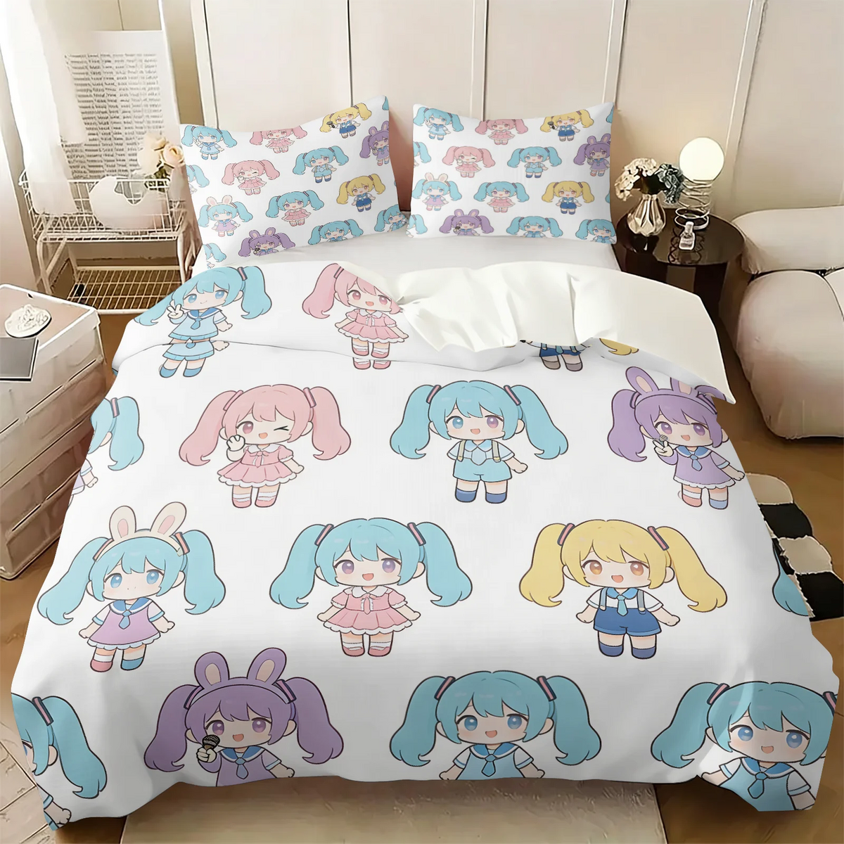 Komplet posteljnine Hatsune Miku v slogu chibi – simpatična anime posteljnina z vzglavniki za igralno sobo, dekoracija za otroško in najstniško spalnico, darilo za oboževalce