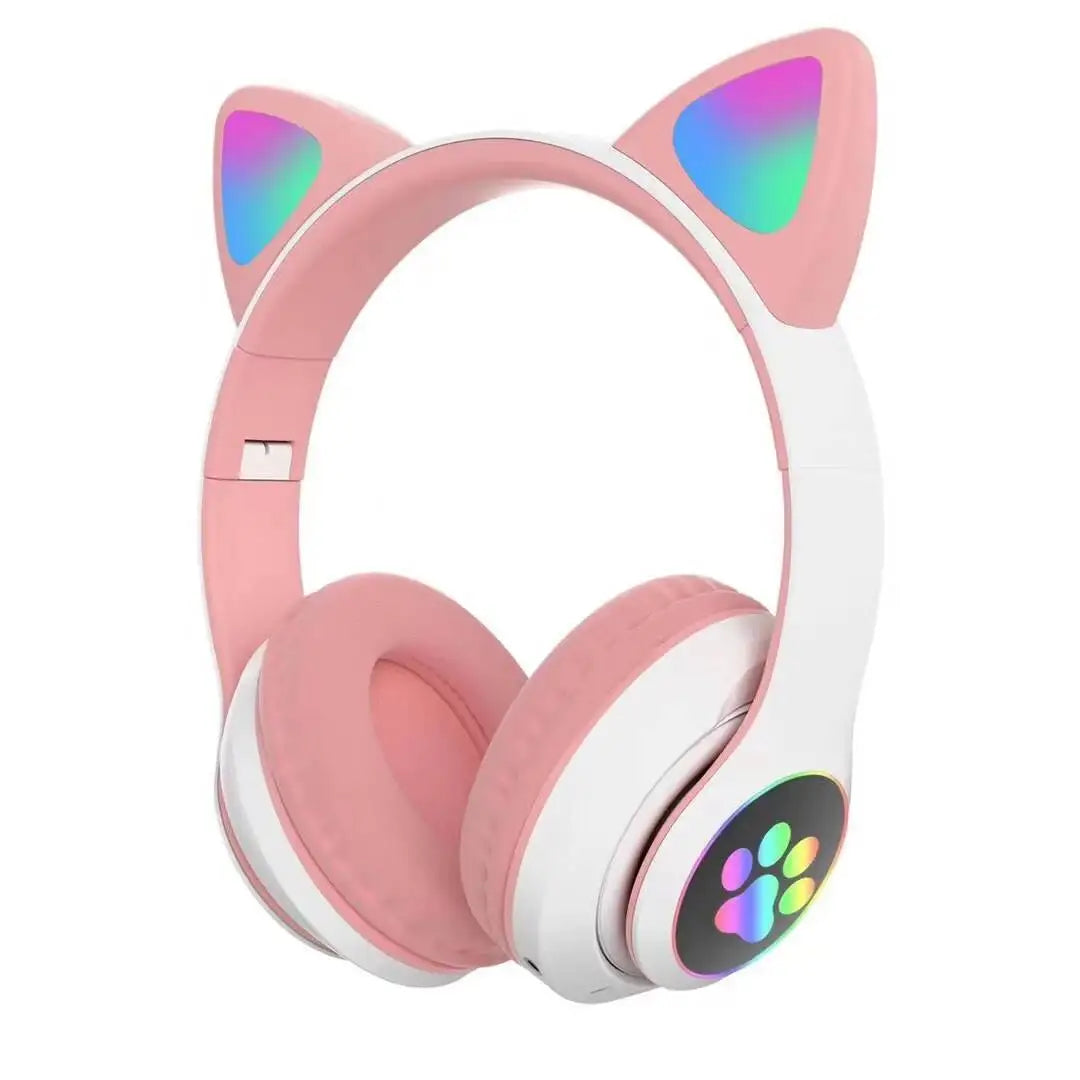 Casque Bluetooth avec oreilles de chat mignonnes, casque sans fil LED supra-auriculaire avec micro, casque stéréo pliable pour filles, enfants, jeux et voyages