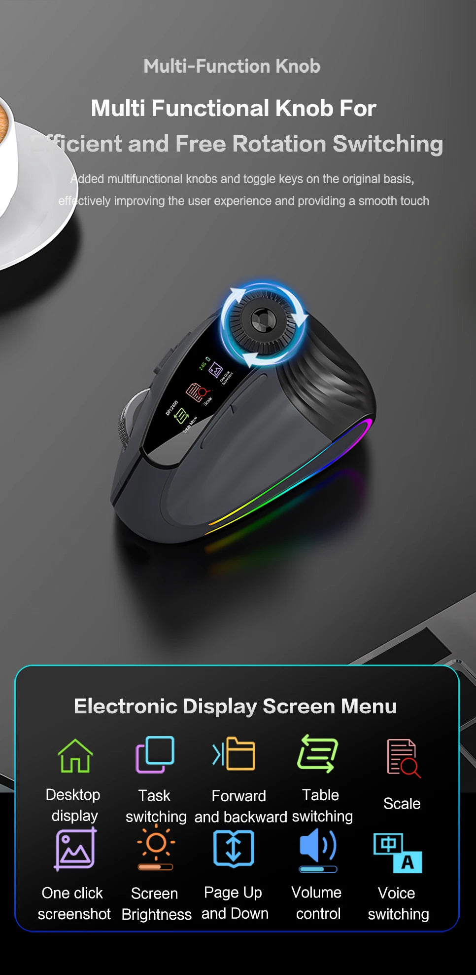 Jomaa RGB Φωτιζόμενο Ασύρματο Κάθετο Ποντίκι Speed Roller με Ρυθμιστικό Κουμπί Λειτουργιών, Bluetooth USB, Εργονομικό Ποντίκι με Αθόρυβο Κλικ
