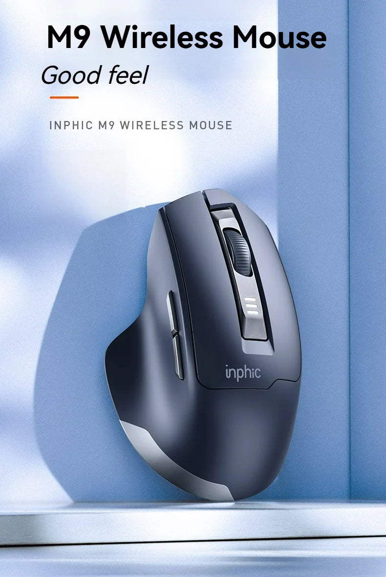 Brezžična miška Inphic M9 z 2.4G USB-sprejemnikom, polnilna prek Type-C, tihimi gumbi, prikazom napolnjenosti in ergonomsko zasnovo – univerzalna pisarniška miška