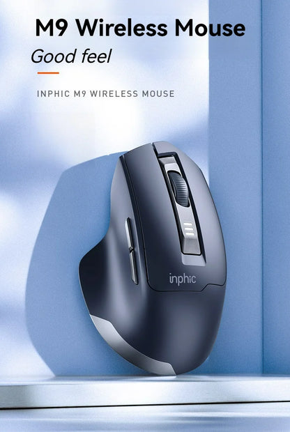 Brezžična miška Inphic M9 z 2.4G USB-sprejemnikom, polnilna prek Type-C, tihimi gumbi, prikazom napolnjenosti in ergonomsko zasnovo – univerzalna pisarniška miška