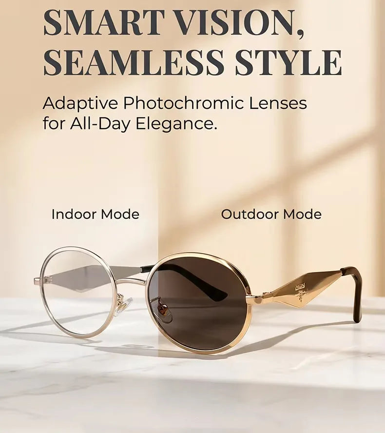 Metal Frame Round Punk Photochromic Sunglasses Women 2026 Luxury Brand Designer Steampunk Oval Sun Glasses Outdoor Eyewear Shade