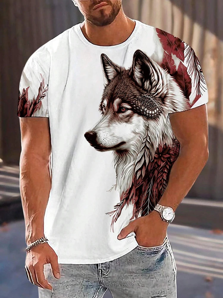 T-shirt de homem com estampado de lobo e olhos diferentes — T-shirt casual diária masculina, moda urbana streetwear, manga curta, verão, desporto ao ar livre