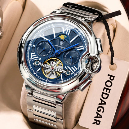 Montre pour homme POEDAGAR, style luxe et professionnel, avec affichage de la date et du jour, tourbillon, boîtier en acier inoxydable, mouvement mécanique automatique et étanchéité.