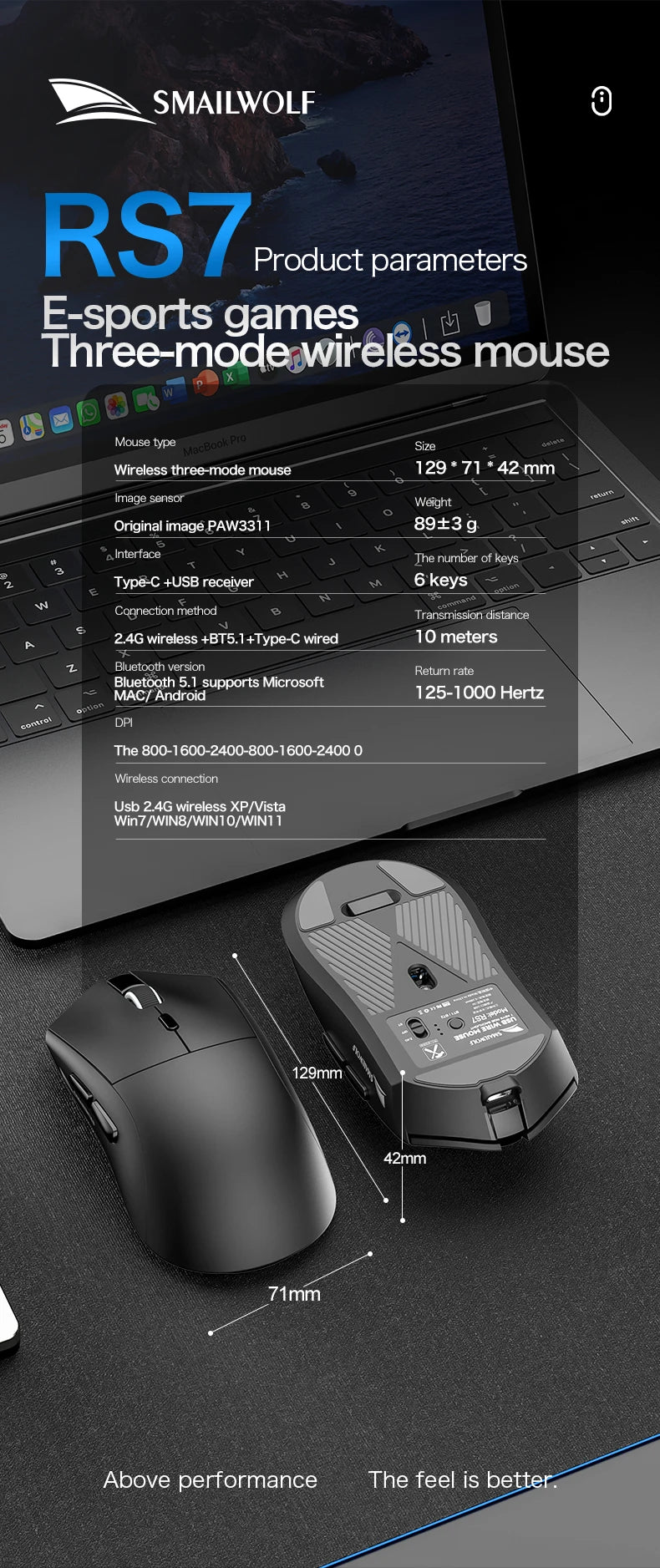 SMAILWOLF RS7 Bluetooth trådløs gamingmus, tre tilstande, PAW3311, makroprogrammerbar mus til laptop, gaming og kontor