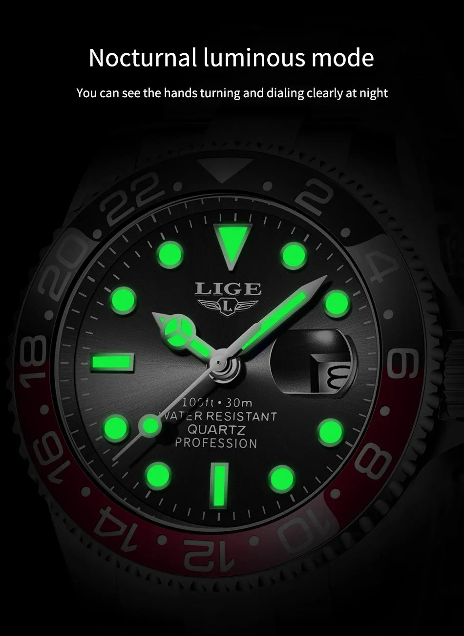 LIGE Men’s Luxury Quartz Watch  Stainless Steel, Luminous Dial, Waterproof & Business Design