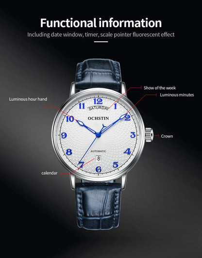 OCHSTIN Day Date Gents Watches 2025 Gift for Men Automatic Mechanical Business Wristwatches 40mm Analog Male Clock Leather Strap