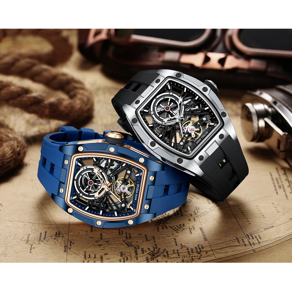 MINI FOCUS Herren-Armbanduhr, modisch, schwarz, wasserdicht, automatische mechanische Uhr mit Leuchtzeigern, Silikonarmband und Tonneau-Zifferblatt