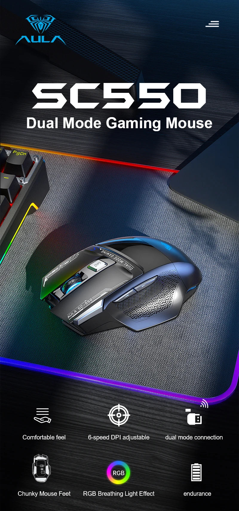 AULA SC550 Gaming Mouse 2.4G Wireless Macro Mouse RGB Backlight Ergonomic Design E-sports Mouse PC Accessories