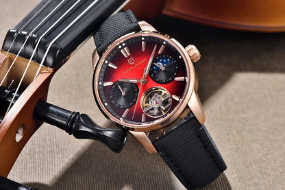 PAGANI DESIGN – Mechanische Luxusuhr für Herren, 41 mm, Saphirglas, Lederarmband, wasserdicht, Pilotenstil, mit Tourbillon und Mondphase