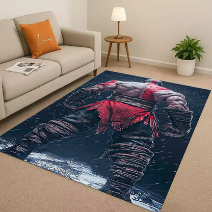 Game God of War Kratos Cartoon Gamer Living Room Non-Slip Area Rug Soft Carpet for Bedroom Playroom Sofa,Easy Clean Home Doormat