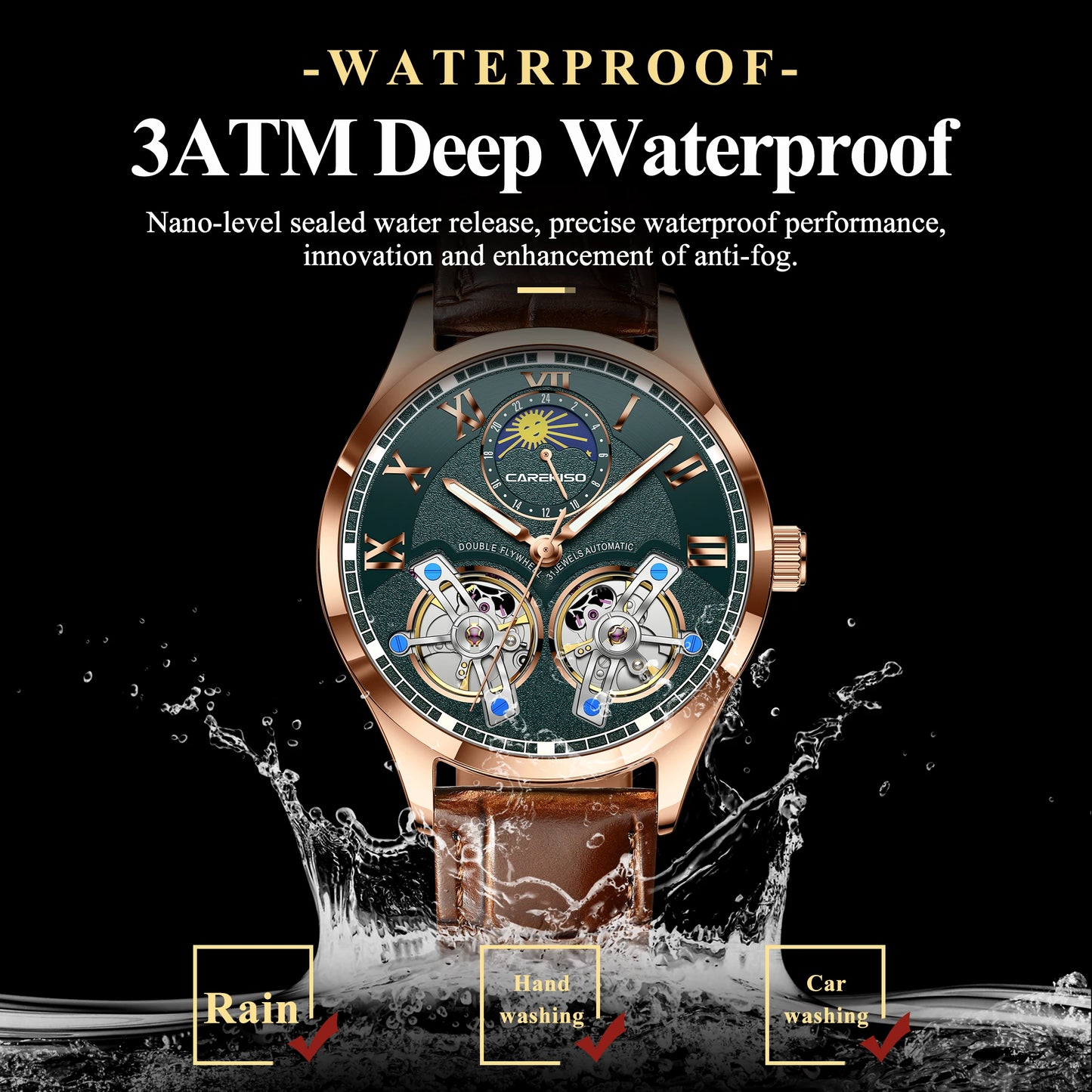 CAREKISO Fashion Men's Clock Double Hollow Tourbillon Automatic Mechanical Man Watch Waterproof Luminous Leather Men's Watches+Box