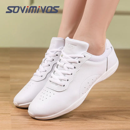 Women Dance Shoes Lightweight Flat Athletic Shoes Competitive Aerobic Gymnastics Shoes Fitness Sports Shoes White Dance Sneakers