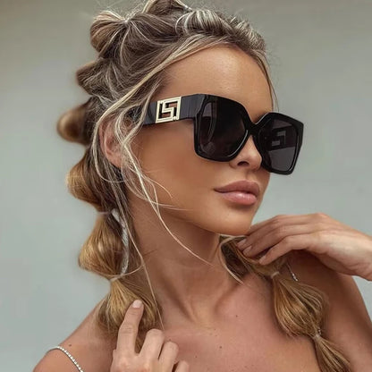 Light Luxury Square Large Frame Sunglasses With Hollow Temples, Personalized Catwalk Sunglasses, Women's Casual Sunglasses UV400