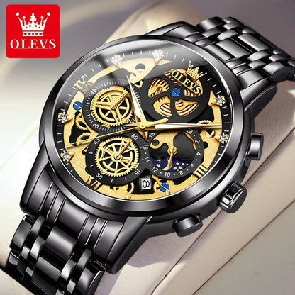 OLEVS Herrenuhr – Luxusmodell, wasserdicht, Quarzwerk, Skelett-Design, 24-Stunden-Anzeige (Tag/Nacht), goldfarben