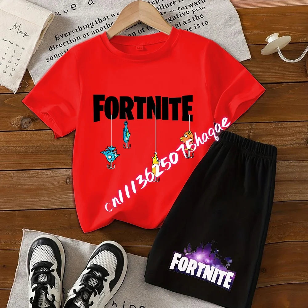 Летен комплект Fortnite с тениска и къси панталони за момчета и момичета, 2 части, детски дрехи с горнище, тениска и панталони, принт Fortress Night, подарък