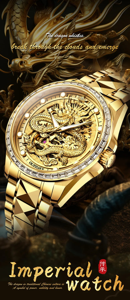 OUPINKE Herrenarmbanduhr, Top-Marke, Luxus, Gold, Wolframstahl, originale automatische mechanische Armbanduhr mit Zifferblatt im Drachenmuster