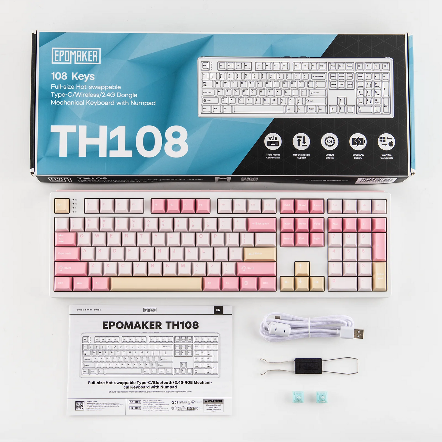EPOMAKER TH108 100% Full Size Hot-Swap Gasket-Mounted Wired/Bluetooth/2.4Ghz Wireless Mechanical Keyboard with 10000mAh Battery