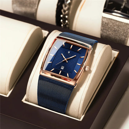 Montres-bracelets à quartz, nouvelles montres carrées pour hommes, couleur or rose, de haute qualité; montre de marque de luxe, modèle pour homme, cadran bleu.