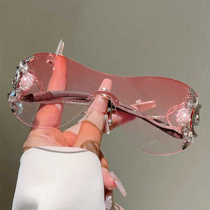 KAMMPT Rimless Y2k Sunglasses with Rhinestones Women Fashion Monoblock Outdoor Decor Shades Trendy Design Gradient Sun Glasses