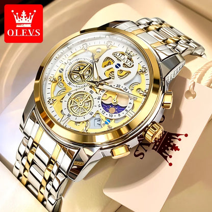 OLEVS Herrenuhr – Luxusmodell, wasserdicht, Quarzwerk, Skelett-Design, 24-Stunden-Anzeige (Tag/Nacht), goldfarben